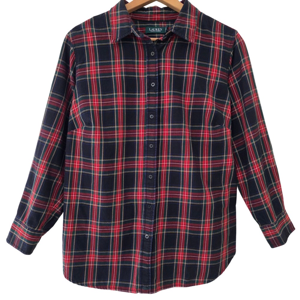 Lauren Ralph Lauren Button‎ Up Top Sz 1X Plaid Flannel Holiday Old Money Preppy
